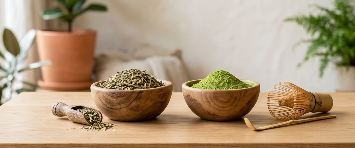 Matcha green tea vs yerba mate: wooden bowls with dry yerba mate leaves and green matcha powder.