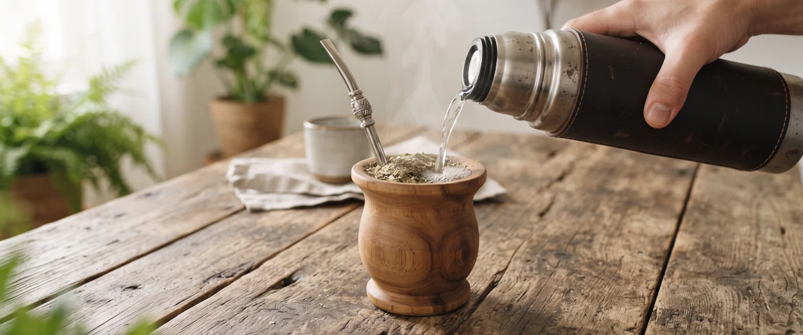 Hot water being poured from a thermos into a wooden mate gourd with yerba mate and a bombilla.