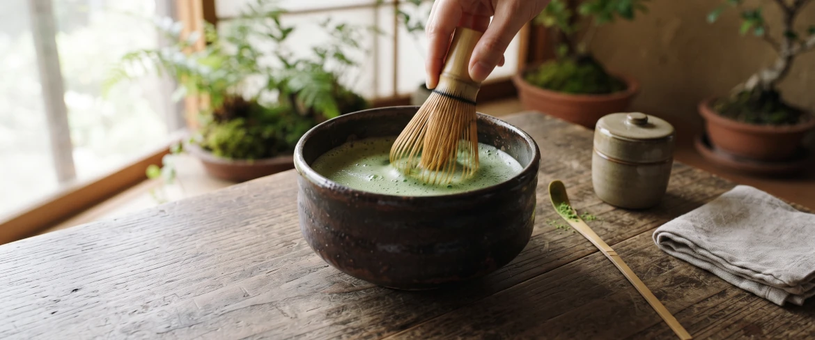 Traditional matcha preparation in a dark bowl with a bamboo chasen whisk.
