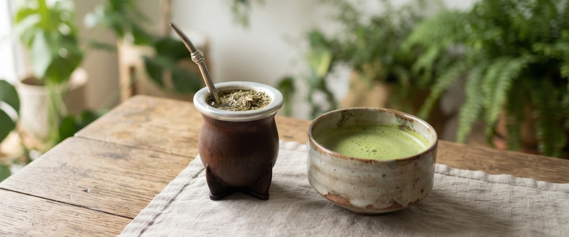 Direct comparison of matcha and yerba mate: a mate gourd with a bombilla and a ceramic bowl of infusion.