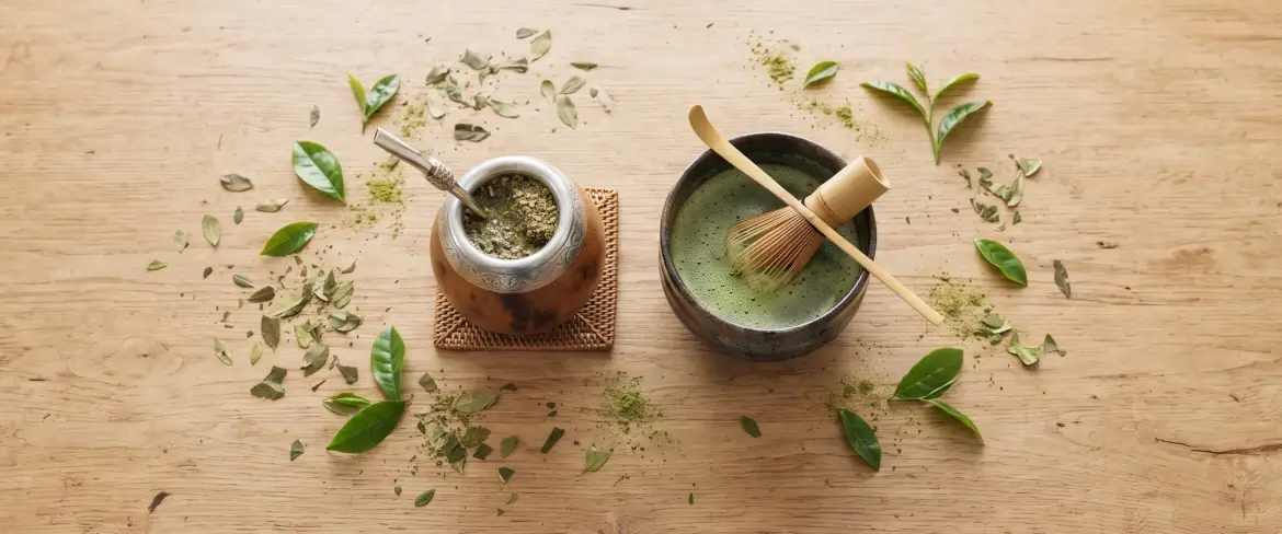 Top view of yerba mate and matcha: a wooden mate gourd and ceramic bowl surrounded by leaves.
