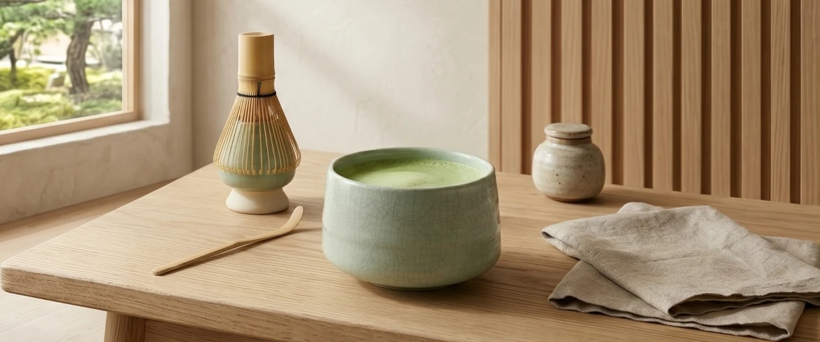Matcha tea in a matchawan bowl with a chasen whisk – matcha tea set