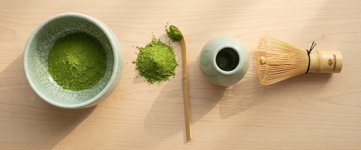 Matcha accessories – matchawan, chasen, chashaku and matcha powder