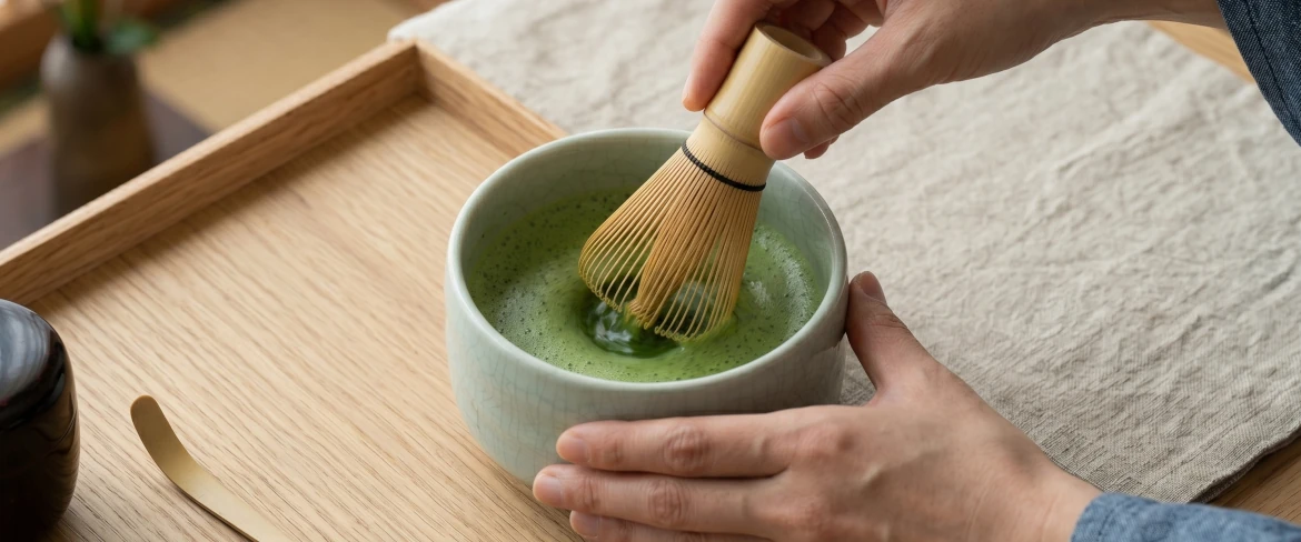 Preparing matcha tea in a matchawan using a chasen – a matcha set