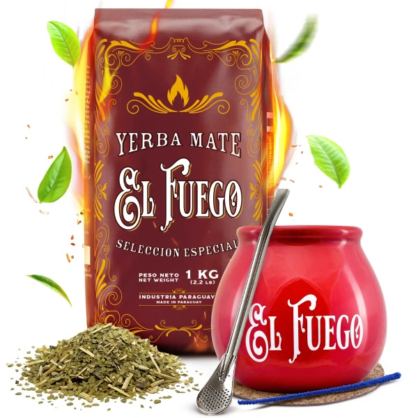 Yerba Mate Set: El Fuego Elaborada 1kg + Calabash + Bombilla