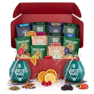 Christmas Yerba Mate Gift Set for Two: Samples 10x50g + 2x Gourd Verde Mate Winter Time and 2x Bombilla