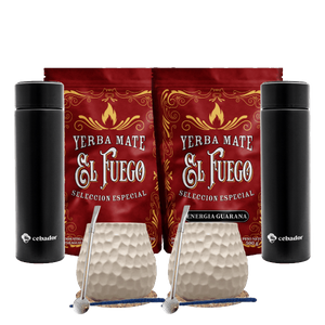 Yerba Mate Set for Two: El Fuego 2x500g + 2x Thermos LED + 2x Calabash + 2x Bombilla