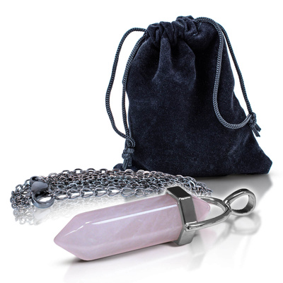 Pendant with rose quartz in pouch + chain