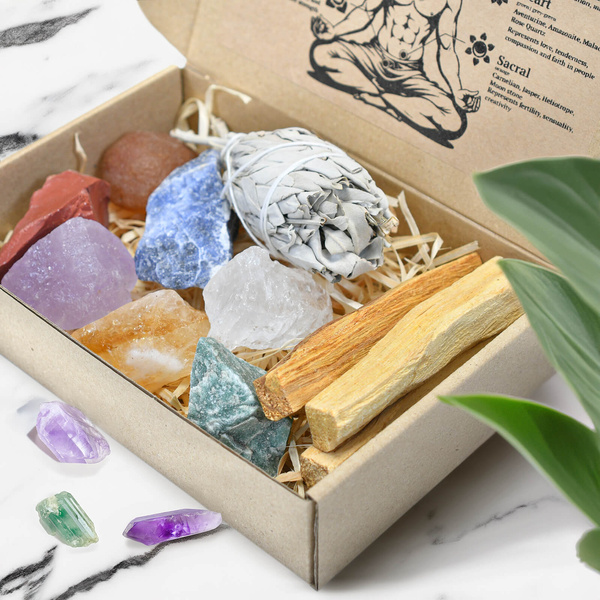 Set of natural stones, crystals and incenses - esotericism, yoga, meditation