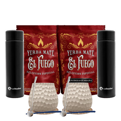 Yerba Mate Set for Two: El Fuego 2x500g + 2x Thermos LED + 2x Calabash + 2x Bombilla
