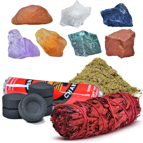 Set of natural stones, crystals and incenses - esotericism, yoga, meditation