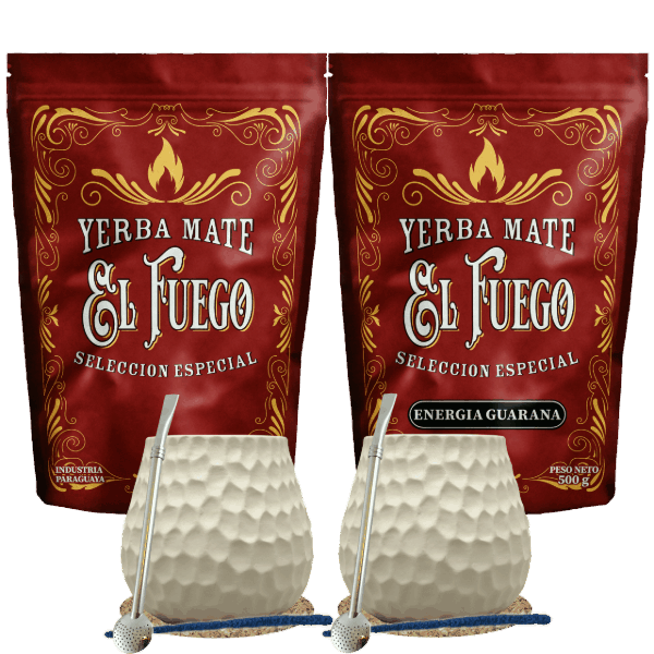 Starter Set for Two Yerba Mate El Fuego 2×500g + 2× Mate Gourd + 2× Bombilla