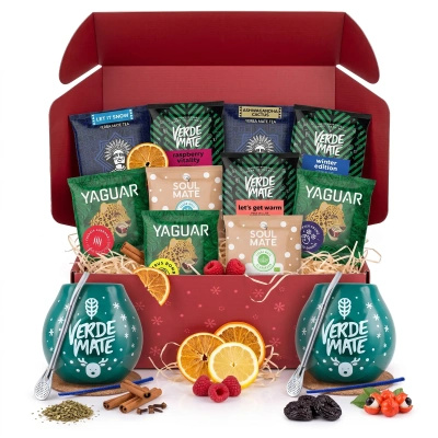 Christmas Yerba Mate Gift Set for Two: Samples 10x50g + 2x Gourd Verde Mate Winter Time and 2x Bombilla