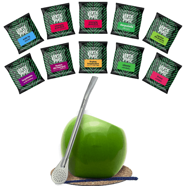 Set Yerba Mate Green 500g Gourd Bombilla 10x50g