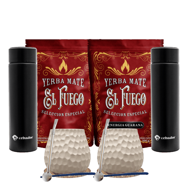 Yerba Mate Set for Two: El Fuego 2x500g + 2x Thermos LED + 2x Calabash + 2x Bombilla