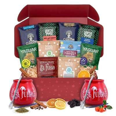 Christmas Yerba Mate Gift Set for Two: Samples 10x50g + 2x Gourd El Fuego Christmas Edition and 2x Bombilla