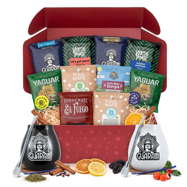 Christmas Yerba Mate Gift Set for Two: Samples 10x50g + 2x Gourd Guarani and 2x Bombilla