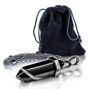 Pendant with black agate in pouch + chain