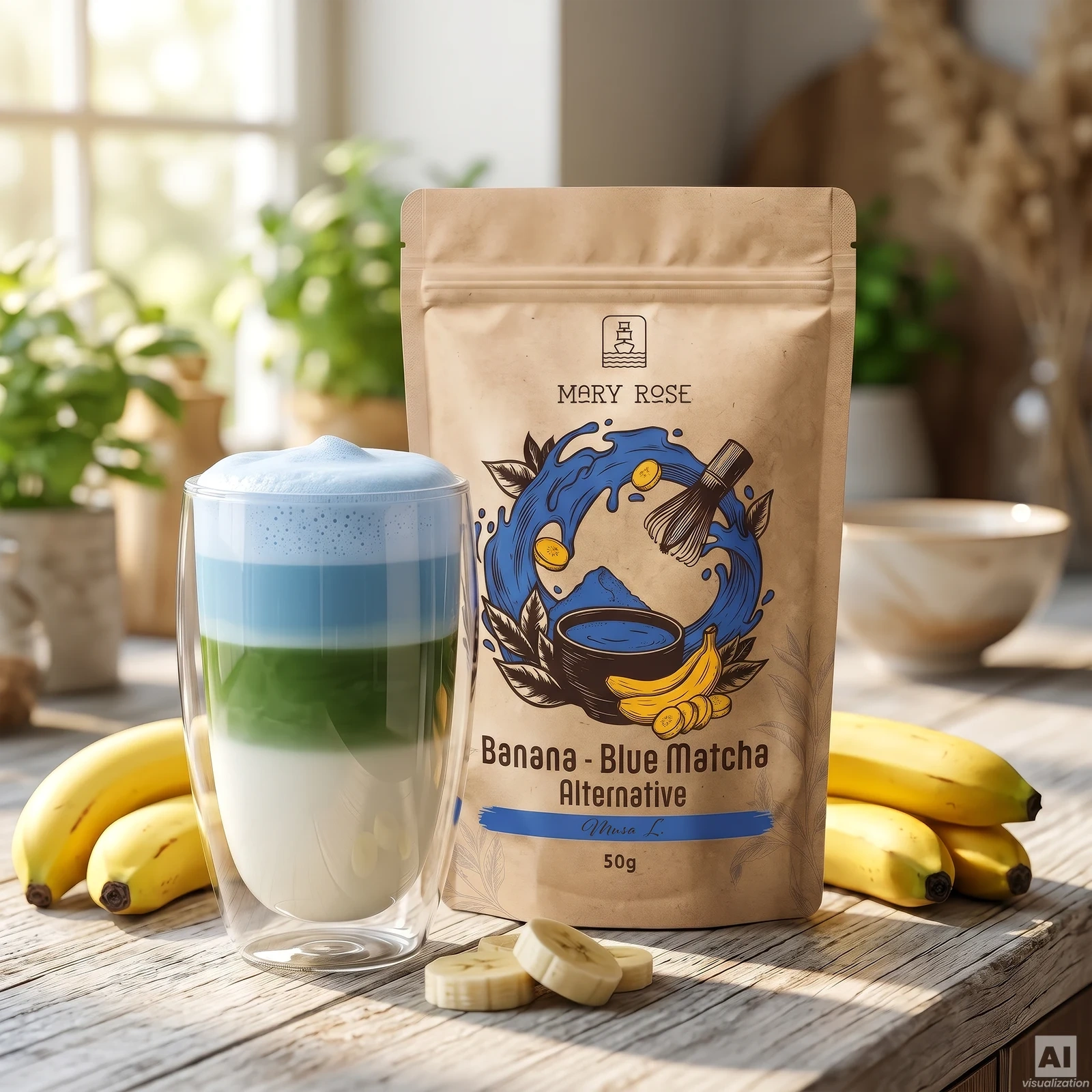 Three-colour Blue Banana Matcha Latte with Mary Rose Blue Matcha Alternative Banana